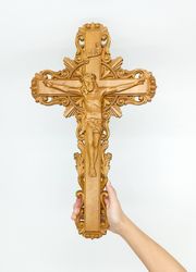 Wooden Crucifix 19.4" (49.72 cm), Jesus Christ, carved wooden cross, Catholic cross Wood Crucifix catholic cross
