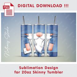 Funny Nurse Gnome Template - Seamless Sublimation Pattern - 20oz SKINNY TUMBLER - Full Tumbler Wrap