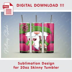 Funny Wine Gnome Template - Seamless Sublimation Pattern - 20oz SKINNY TUMBLER - Full Tumbler Wrap
