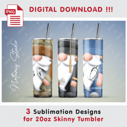 3 Funny Gnomes Templates - Seamless Sublimation Patterns - 20oz SKINNY TUMBLER - Full Tumbler Wrap