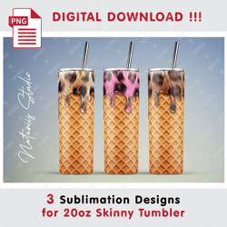3 Leopard Ice Cream Templates - Seamless Sublimation Patterns - 20oz SKINNY TUMBLER - Full Tumbler Wrap
