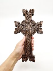 Khachkar Cross 11" (28.3 cm), Armenian carved wood cross, Wall carved home decor, Christian crosefix carving engraved,