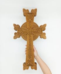 Khachkar Cross 21.3" (54.5 cm), Armenian carved wood cross, Wall carved home decor, Christian crosefix carving engraved,