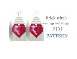 Pattern Heart beaded earrings Brick stitch. Heart print earrings DIY. Seed bead pattern. Valentines day