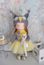 Tilda doll Interior doll Owl doll Handmade doll Soft doll Textile doll Art doll Cloth doll Yellow doll Gray doll Fabric