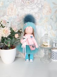 Textile doll Tilda doll Interior doll Handmade doll Turquoise doll Soft doll Art doll Cloth doll Pink doll Fabric doll