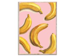 Banana Painting Yellow Pink Watercolor Painting Fruit Art Print Kitchen Still Life Colorful Wall Art Pink Wall Decor