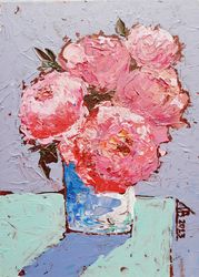 Peony Painting Floral Original Artwork Pink Flower Acrylic Boho Art 5" by 7" by ArtMadeIra