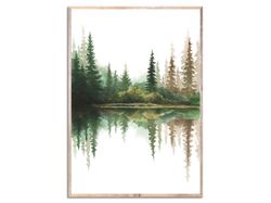 Pine Trees Lake Art Foggy Forest Print Forest Lake Watercolor Painting Smoky Landscape Wall Art Fall Forest Wall Decor
