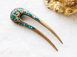 Wooden hair fork with blue stones, Hair pin, Hair clip, Viking hair fork