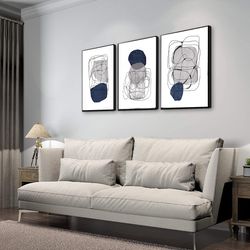 Geometric Print Set Of 3 Poster Abstract Line Art Large Wall Art Digital Download Gray Navy Living Room Minimalist Art