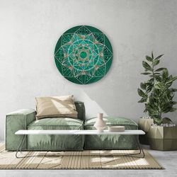 Green flower mandala painting, Minimalist wall decor, Sacred geometry wall art