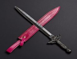 Custom Hand Forged, Damascus Steel Functional Sword 25 inches, Fantasy Sword, Swords Battle Ready, With Sheath