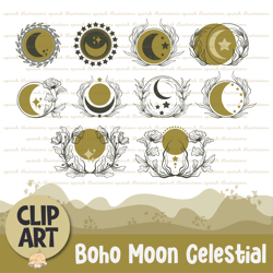 boho moon floral celestial clipart for decoration, stickers, printable, sublimation and more