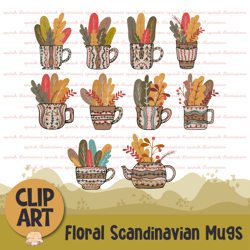 scandinavian coffee mugs with autumn leaves clipart for decoration, stickers, printable, sublimation and more