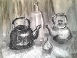 Painting with teapots and a bottle, on paper, pencil, print, interior decoration, gift, poster