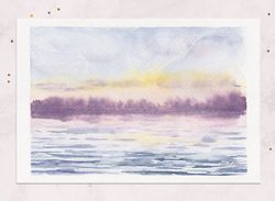 Misty lake painting Sunset lake painting Summer Landscape painting postcard Original watercolor painting 5x7