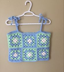 Rainbow Square Crochet Crop top, Blue square Top, Crochet Granny Square Top, Crochet Patchwork Crop Top
