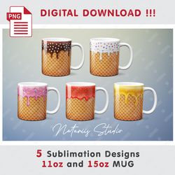 5 Ice Cream Sublimation Designs - 11oz 15oz MUG - Digital Mug Wrap