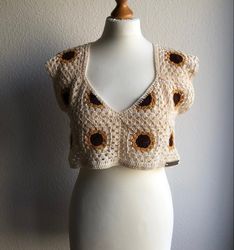 Sunflower Crochet top, Crochet Granny Square Top, Crochet Patchwork Crop Top