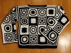 Black and White Granny Square Crochet Sweater, Crochet Granny Square Sweater, Crochet Patchwork Sweater