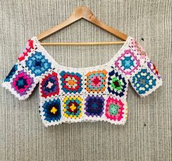 rainbow square crochet crop top, square top, crochet granny square top, crochet patchwork crop top