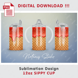 Ice Cream Wafer Sublimation Design - Seamless Sublimation Pattern - 12oz SIPPY CUP - Full Cup Wrap
