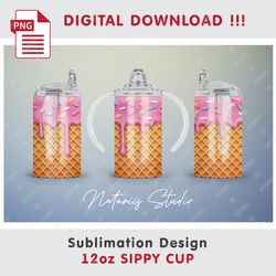 Ice Cream Wafer Sublimation Design - Seamless Sublimation Pattern - 12oz SIPPY CUP - Full Cup Wrap