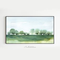 Samsung Frame TV Art Green Trees Line Landscape in Watercolor, Neutral Minimalist Downloadable Digital Download