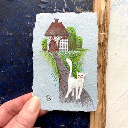 Cute cat painting Mini Original art Tiny artwork on handmade recycled paper by Rubinova