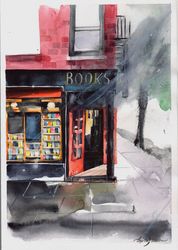 New York bookshop Painting Rainy City Painting Watercolor Urban Sketch Art Wall Art Original Painting