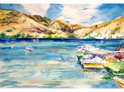 Italian Hills Painting Original Art Landscape Watercolor Seascape Artwork