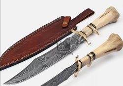 customized handmade damascus bowie knife, damascus steel hunting knife, fixed blade knife, bone handle with sheath