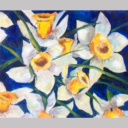 Original handmade oil painting Early daffodils on blue Painting with daffodils Wall Art  Painting Living room Wall decor