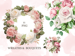Watercolor flower Pink and White roses floral garden Bouquets, Wreaths PNG Clipart, wedding digital