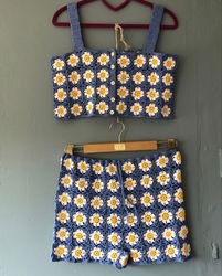 Crochet Daisy Clothing Set, Floral Crochet Crop Cami Top and Shorts Set, Granny Summer Top and Shorts