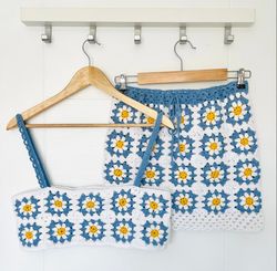 daisy crochet set, floral crochet crop top and skirt, crochet daisy set, sunflower set, retro floral clothing set