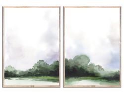 Panoramic Landscape set of 2 Art Prints Misty Field Watercolor Painting Minimalist Forest Wall Art Sage Green Wall Decor