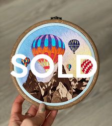 embroidered landscape, embroidery art, embroidered hot air ballons, wall decor, air ballons embroidery