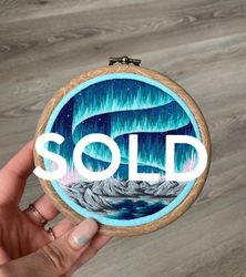 embroidered landscape, embroidery art, embroidered aurora borealis, wall decor, northern lights embroidery