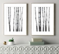 Aspen Trees Art Prints Set of 2 Birches Watercolor Painting Trees Wall Art Black and White Minimalist Wall Decor