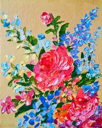 Painting with flowers, Original flowers in oil on cardboard, Wall art with flowers, Impressionism art, bouquet