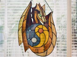 Stained Glass Dragon Suncatcher, Sun and Moon Yin Yang Glass Panel, Window Hanging Ornament Decor, Unique Gift