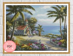 Island Chapel Cross Stitch Pattern,Island Life,Seaside Landscape,Ocean View,X Stich Pattern,Instant Download