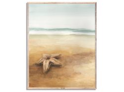 Starfish Painting Coastal Landscape Watercolor Art Print Minimalist Beach Wall Art Aqua Blue and Beige Seascape Poster