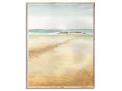 Beach Painting Coastal Landscape Watercolor Painting Minimalist Seascape Wall Art Beige and Green Blue Wall Decor