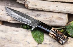 Stag Horn Handle Knife, Handmade Damascus Steel Fixed Knife With Leather Sheath