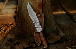 Rose Wood Handle Knife, Handmade Damascus Steel Hunting Bowie Knife With Leather Sheath