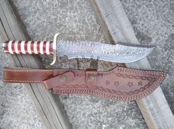 15 Inch Long Knife, Handmade Damascus Steel Hunting Bowie Knife With Leather Sheath