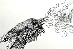 Crow Artwork Hand Painted Original Art Ink Bird Wall Art